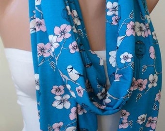 New - Fall Trend - Infinty - Circle -  Loop Scarf - Blue with White Flowers and Birds - Cotton Jersey