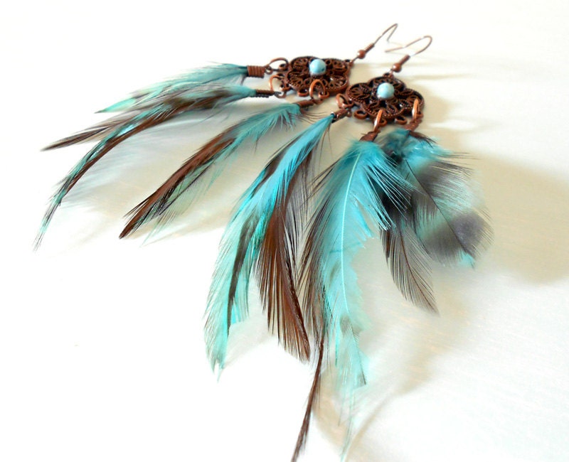 Boho Turquoise & Brown Feather Earrings in Antique Copper Natural Turquoise Gemstone Ethnic Hippie Chic - Made to Order
