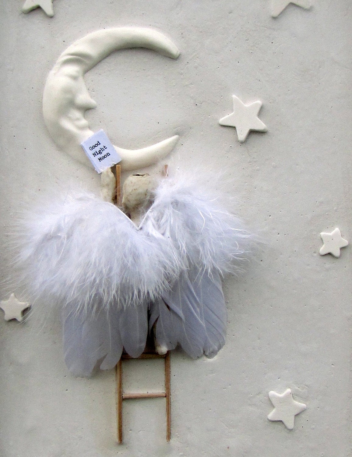 Mixed Media Antique Doll Angel and Moon Assemblage