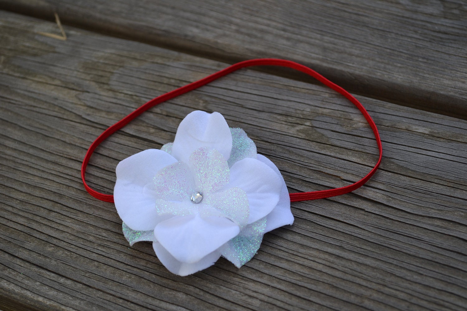 Snow White Hydrangea - Glitter Flower - Red Elastic - 4th of July - Baby Headband - Baby Girl - Infant