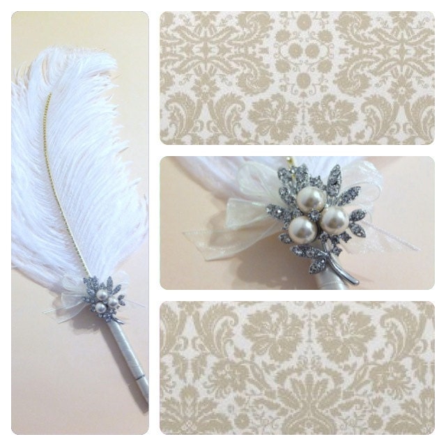 Large Elegant Ivory Feather Pen with Pearl Brooch / Wedding Signing Pen / Guest Book Pen / Wedding Reception Accessories /