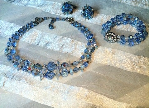 Vintage Parure Necklace Bracelet Earrings Sky Blue Antique Estate Jewelry