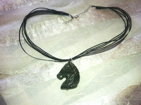 Dramatic Horse Necklace Jade Green Ceramic With Black Ribbons