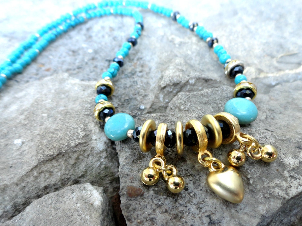 Ethnic necklace turquoise gray crystal gold turkish istanbul jewelry arabic accessories best friend birthday mother christmas gifts heart