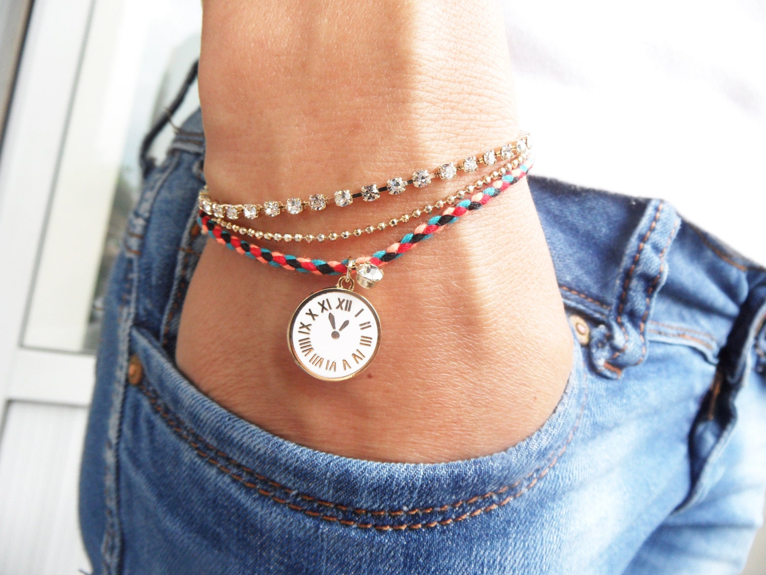 Summer bracelets layered jewelry swarovski ball chain string bracelet clock charm watch best friend birthday turkish istanbul orange pink
