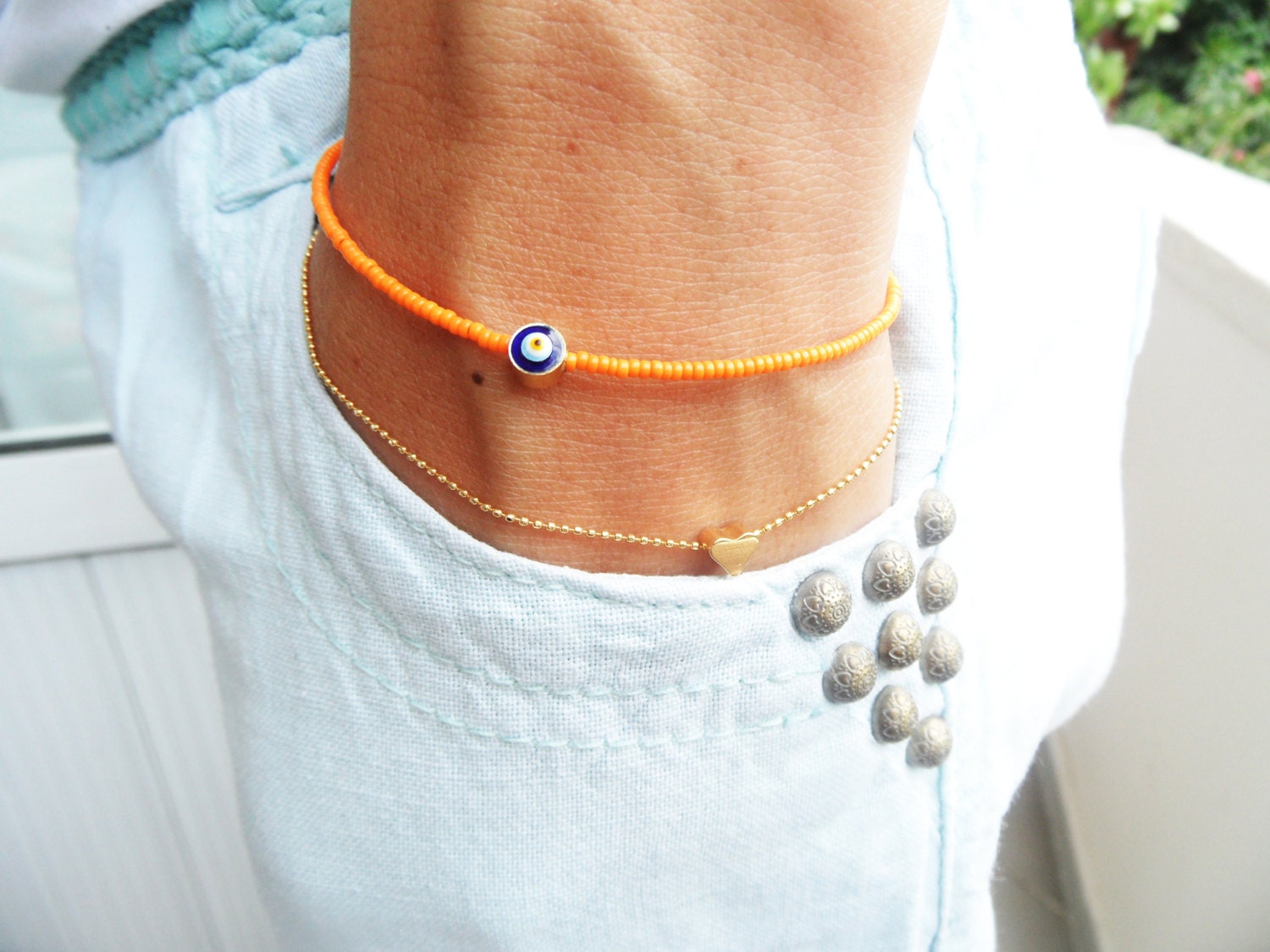 Evil eye bracelet in orange ball chain with gold plated heart charm casual everyday use best friend birthday high quality turkish istanbul