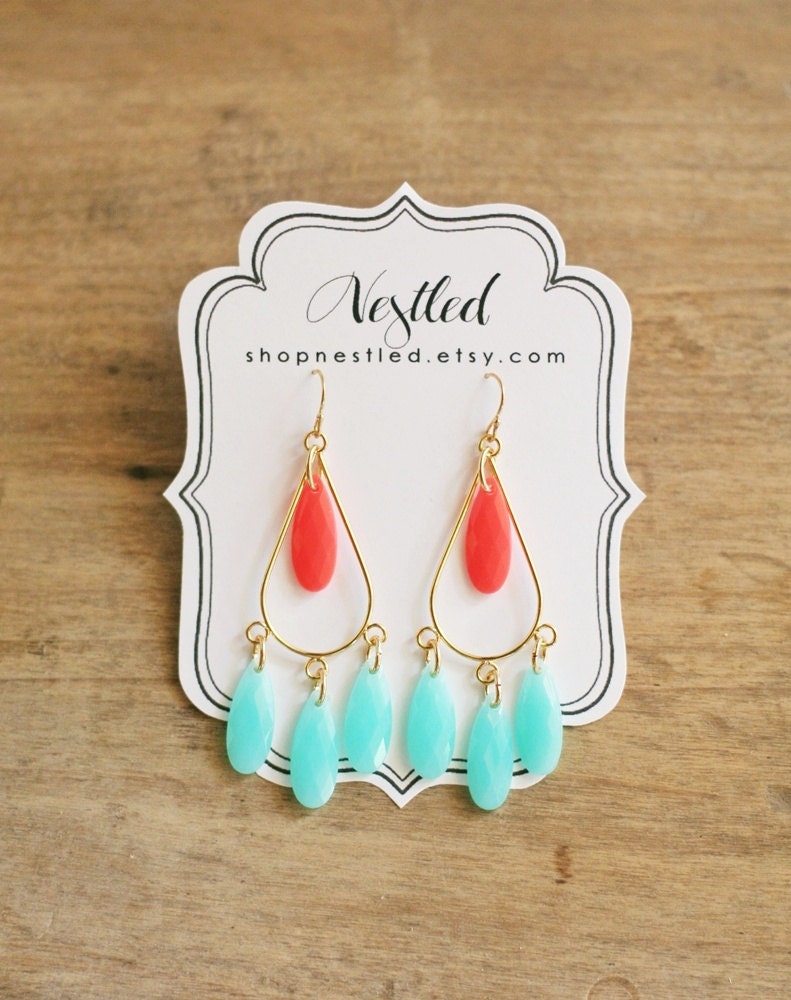 Coral and Mint Teardrop Chandelier Statement Earrings