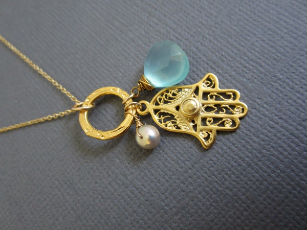 Hamsa Hand pendant with Aqua blue chalcedony and pearl. Meditation/Yoga Necklace