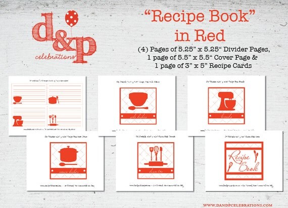 Recipe Book Embellishment pages in Red INSTANT DOWNLOAD Il_570xn