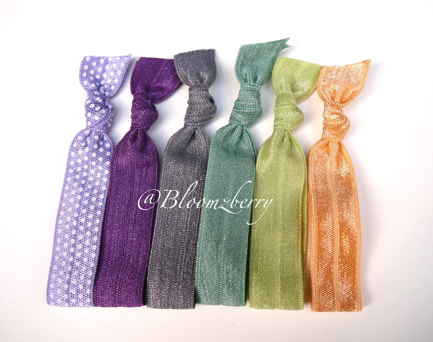 New 6 pcs Elastic Hair Tie - Lavender Polka Dot, Grape, Pewter Gray, Silt Green, Honeydew and Peach- Toddler to Adult