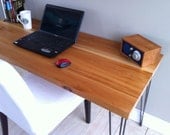 Modern industrial, mid century modern desk featuring reclaimed sycamore barnwood with hairpin legs.