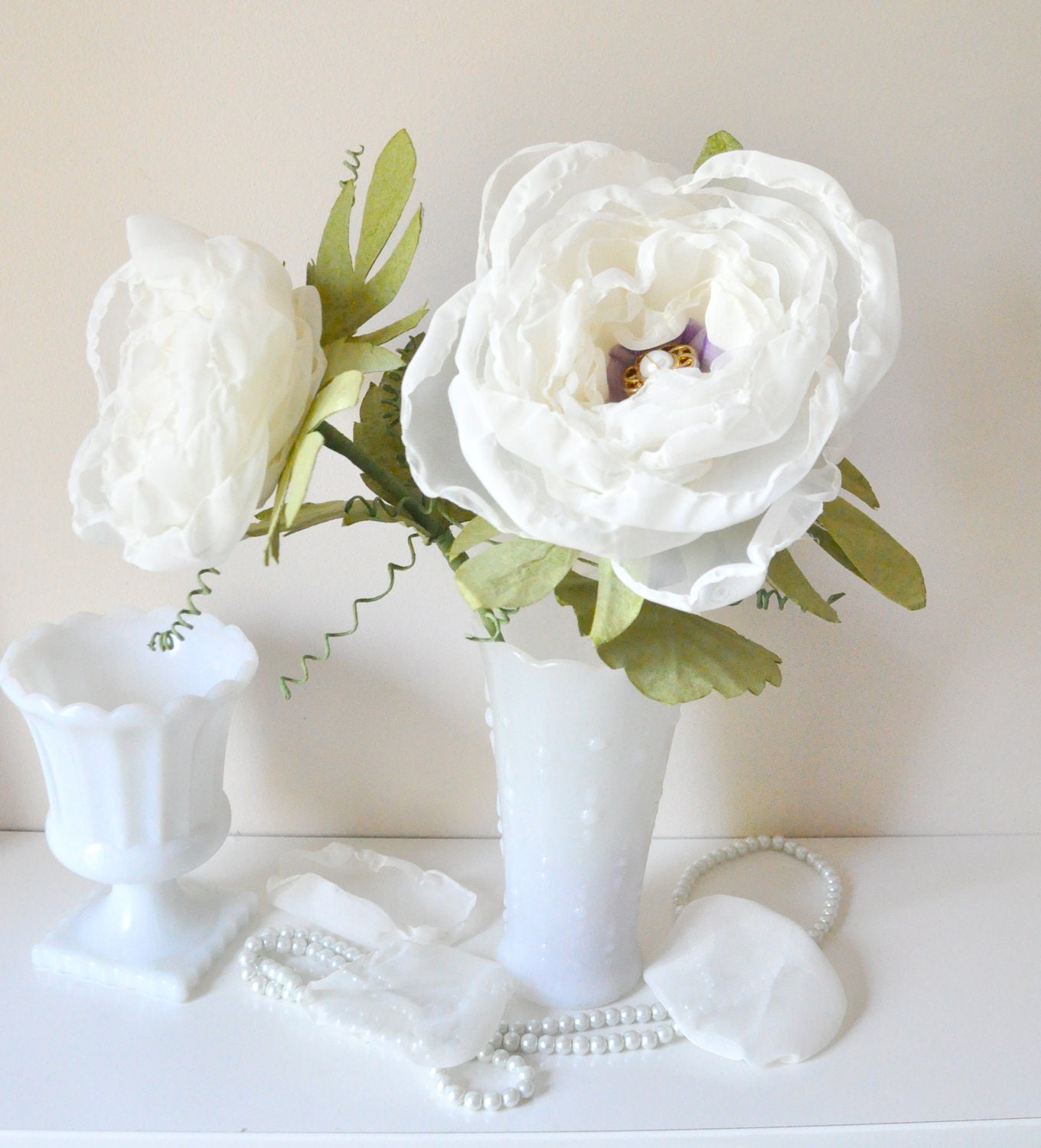 soft cream fabric flowers, fabric flower handmade with tendrils and vine, pumpkin and eggplant centre
