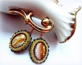 Mother of Pearl Earrings, Bead Embroidered, Brilliant Shell earrings, embroidery jewelry, vintage style earrings, OOAK jewelry