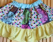 Sweet Patchwork Twirl Skirt in Pink & Gray Damask, Pink Geometric and Yellow Polka Dot Ruffle  - MADE TO ORDER