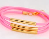 Neon Wrap Tube Bracelet, Gold and Neon Pink