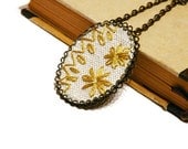 Embroidery fiber pendant olive flowers Rustic necklace