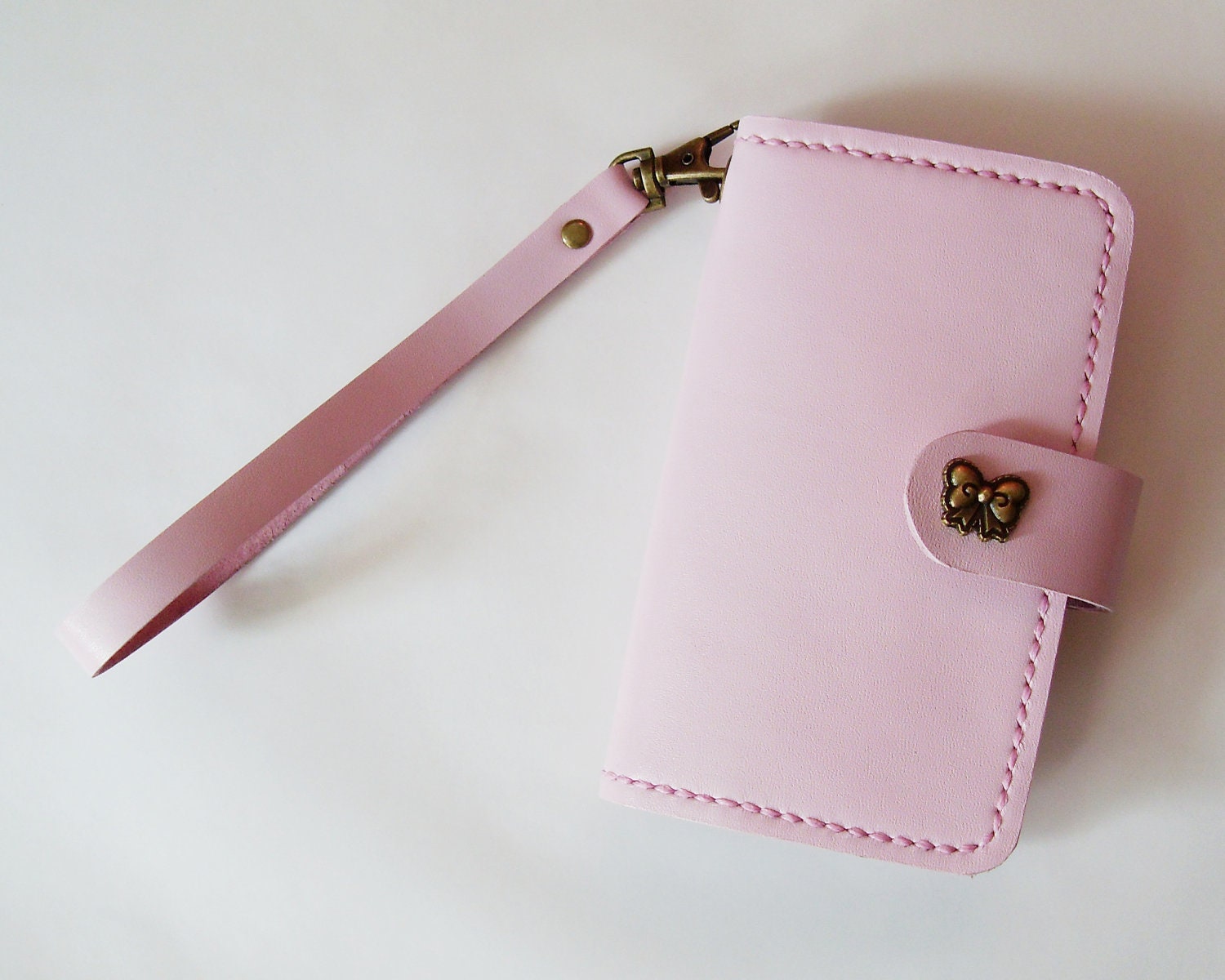 iPhone 5 Wallet - Leather iPhone 5 Case with Ribbon Button Snap in Pink - for iPhone 5 - Handmade and Hand Stitched - Free Monogram