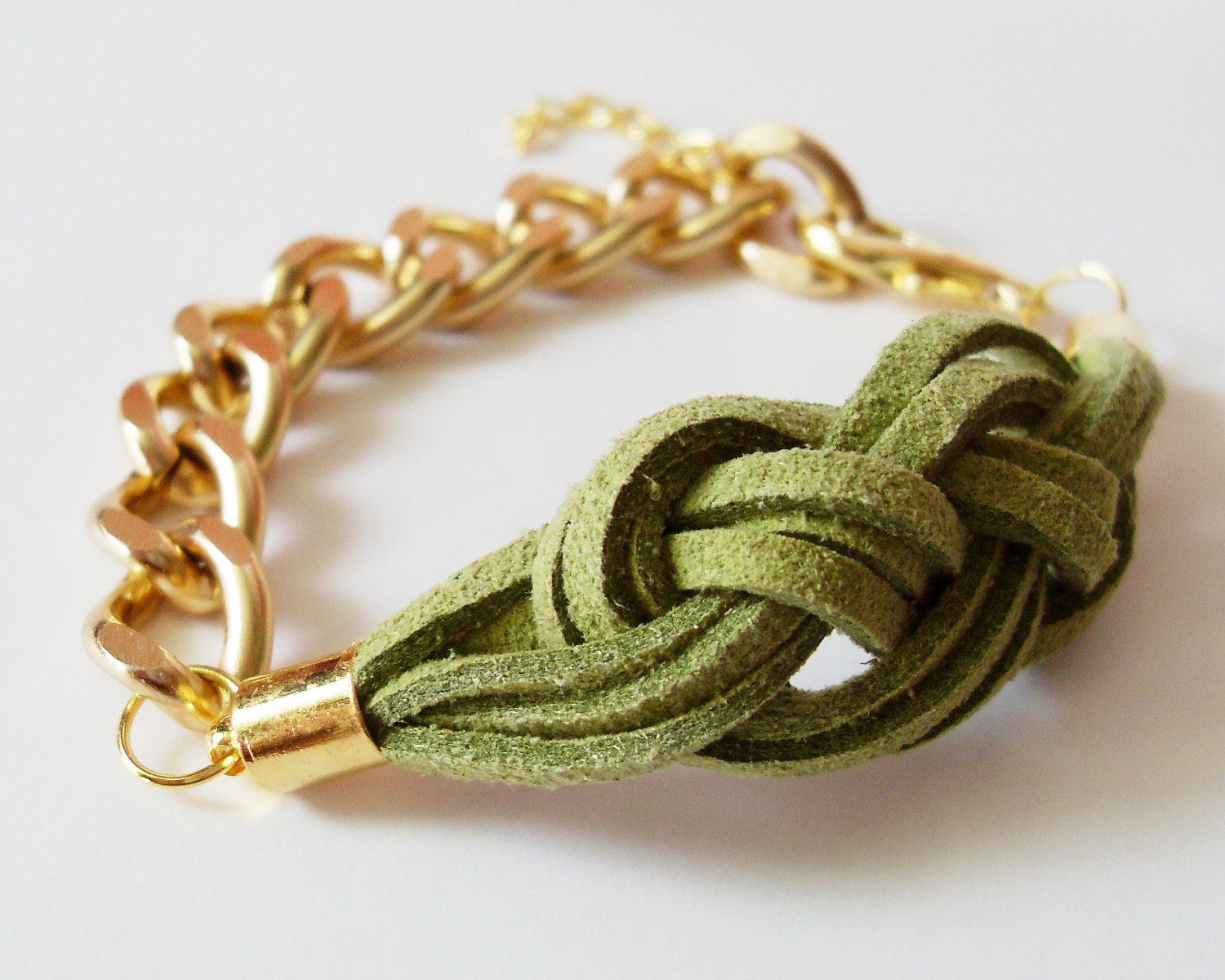 Mint Knot Chain Bracelet - Olive Green Suede Sailor Knot Bracelet with Gold Color Aluminum Chain - Rock and Cool