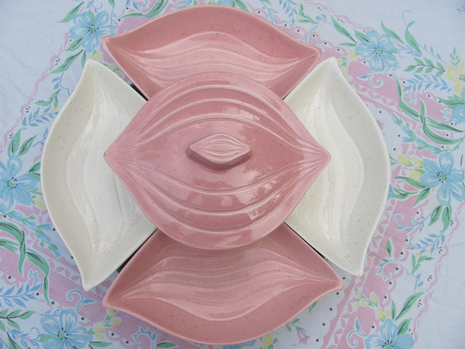 USA pottery, pink, white, chip or veggie server, dip bowl