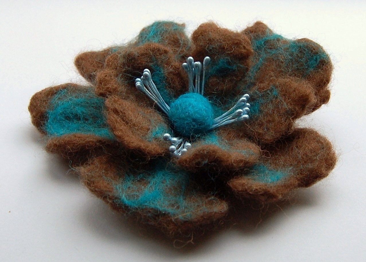 Felted flower brooch, wet felted wool flower, felted jewelry, brown and turquoise