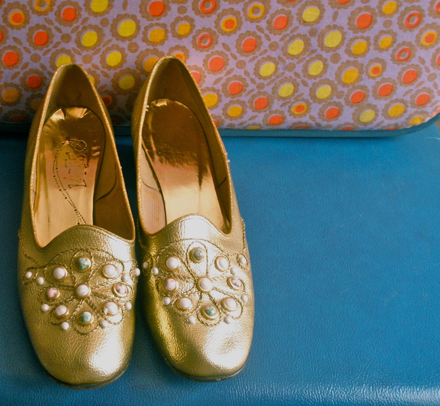 60s Golden Embellished Party Heels with Flowered Cabochon and Braided Detail- 7.5M