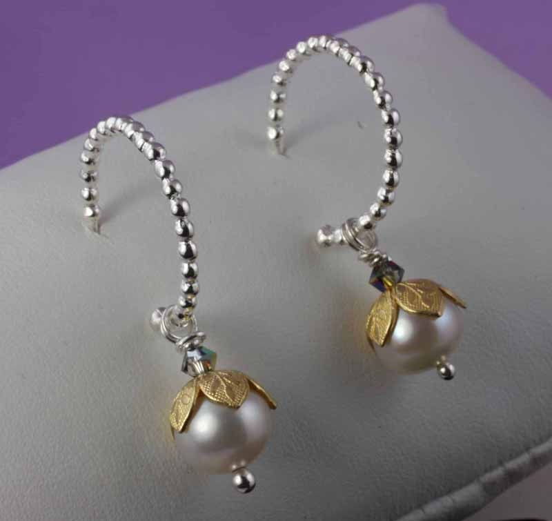 Freshwater Pearl Dangle Earrings on Sterling Silver Open-ended Hoops