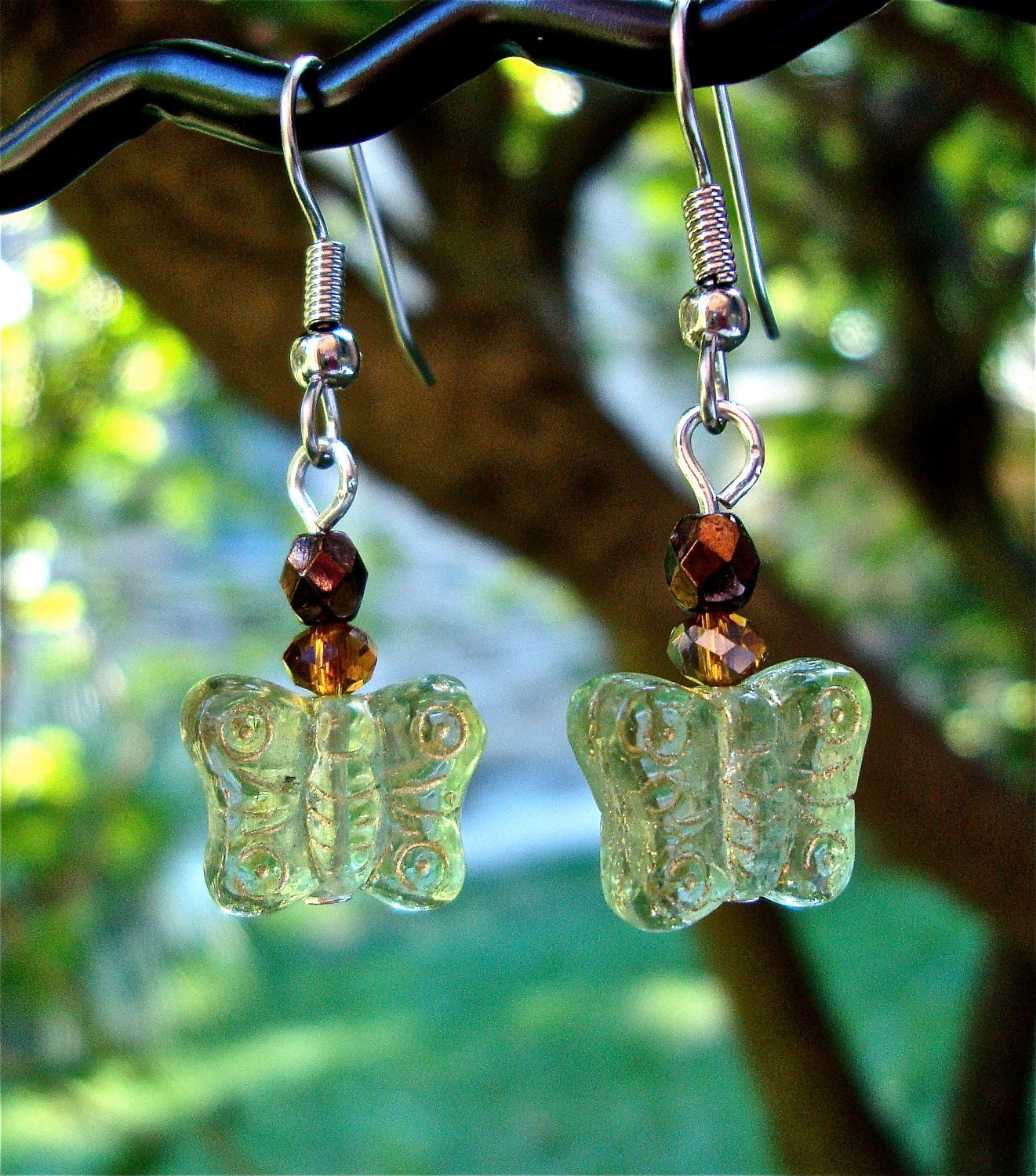 Light green butterfly earrings, sterling silver - summer earrings by Sparkle City Jewelry