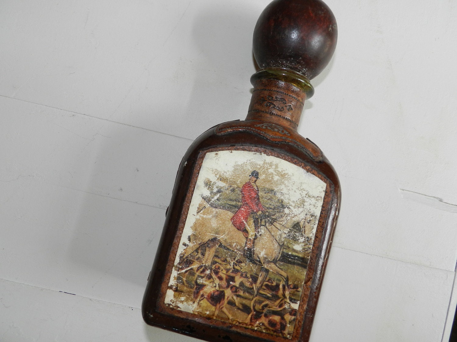 Vintage Leather Covered Bottle Hunting Scene from Italy
