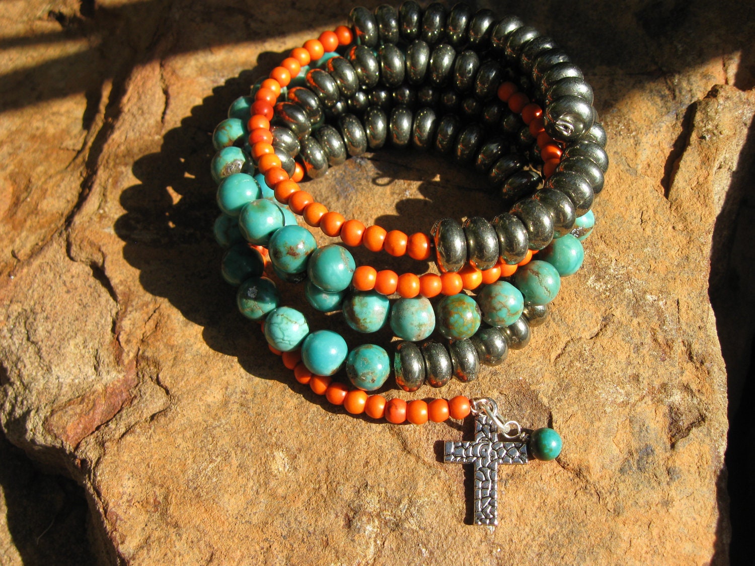 African Turquoise and Pyrite Memory Wire Wrap Bracelet