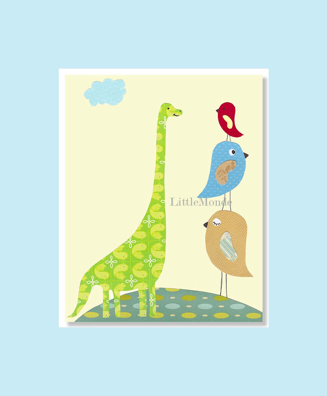The Funny Dinosaur,  Personalized Nursery Art, 8x10" Nursery Print, Baby Boy Room Decor, Nursery art, Little Birds, Lemon Yellow, Funny