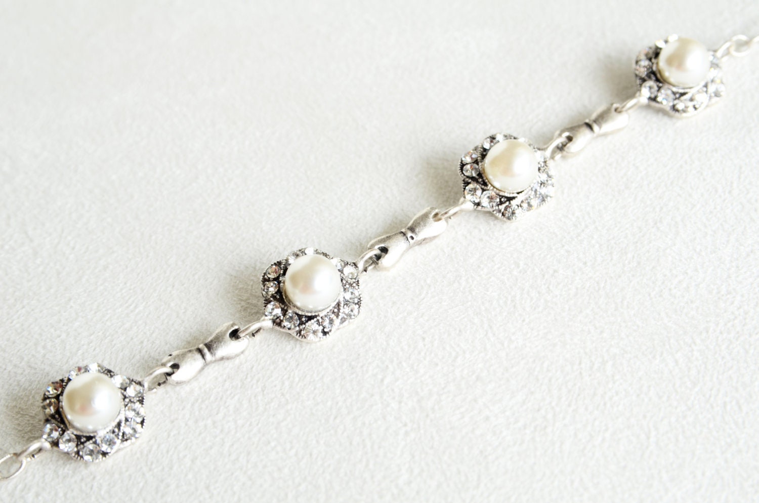 art deco clear crystal swarovski pearl rhinestone tibetan silver plated adjustable bracelet wedding bridal jewelry bridesmaids jewelry set