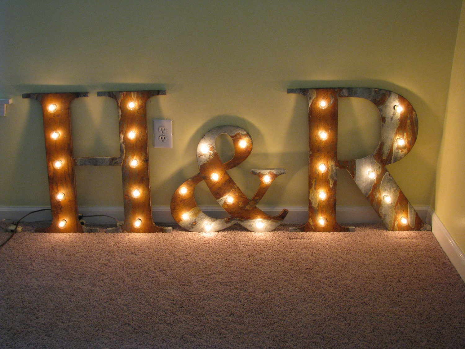 24" Rusted metal letter, light, distressed, wedding, vintage chic, decor