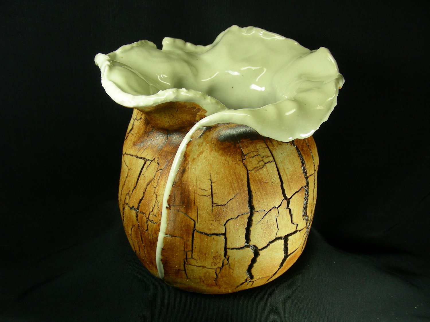 ChingWenArts Studio Pottery Handmade Money Sack Vase Pot, Signed, Brown White, H7413