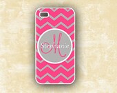 Monogram iPhone 4s case, Iphone 5 case -  Neon and nude series hot pink gray - personalized Iphone 4 cover plastic or silicone rubber (9878)