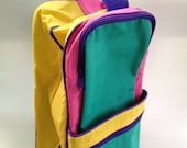 Fun 1980s retro lunch bag - colorful big zippered bag with yellow, purple, turquoise, pink