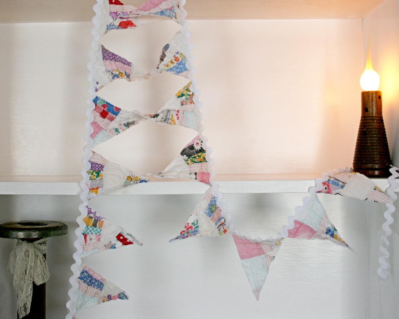 Banner Bunting Pennant from antique quilt white pink rick rack nursery