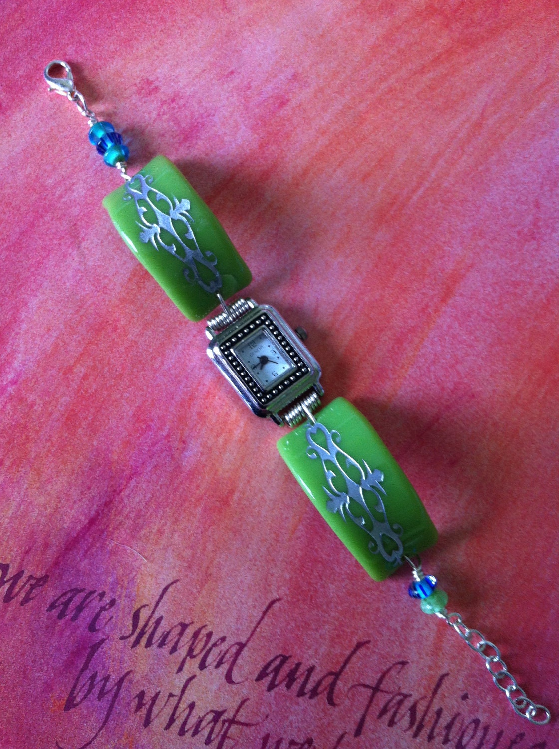 Sandcarved  Green Glass Watch