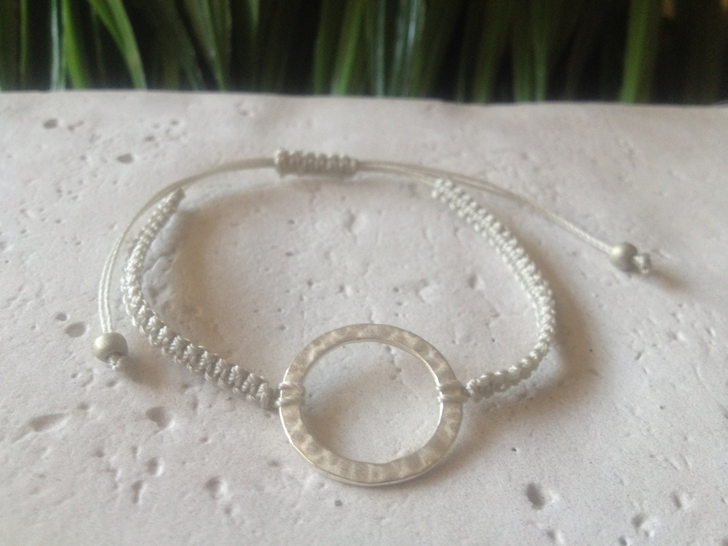 Friendship Bracelet Ivory Macrame Thread Silver Plated Round Charm