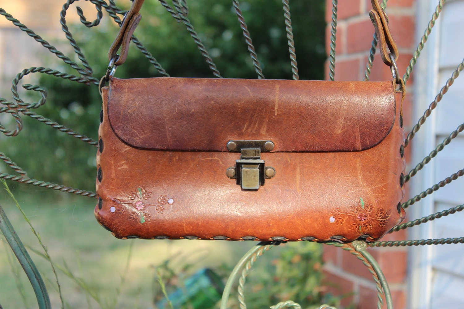 1970s Boho Hippie Tooled Leather Shoulder Bag and Clutch