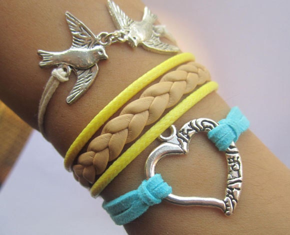 Bracelet--antique silver swallow bracelet & colorful wax string chain