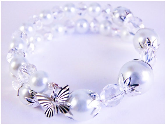 Pearl butterfly bracelet, memory wire bracelet