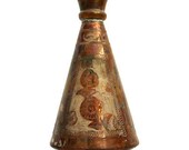 Earthy dried flower vase, vintage copper vase, floral etching. Hand ETCHED, Turkish crafts, Pedestal, Brown earth tone. Folk art, home decor