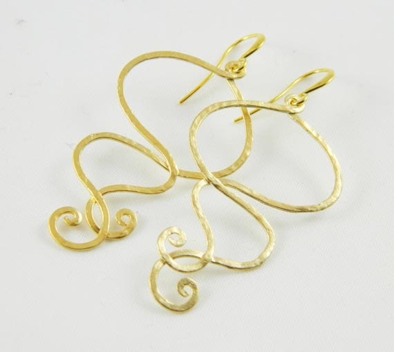 Gold Long Earrings, Hammered Wire  Jellyfish Earrings, Modern Wave Earrings