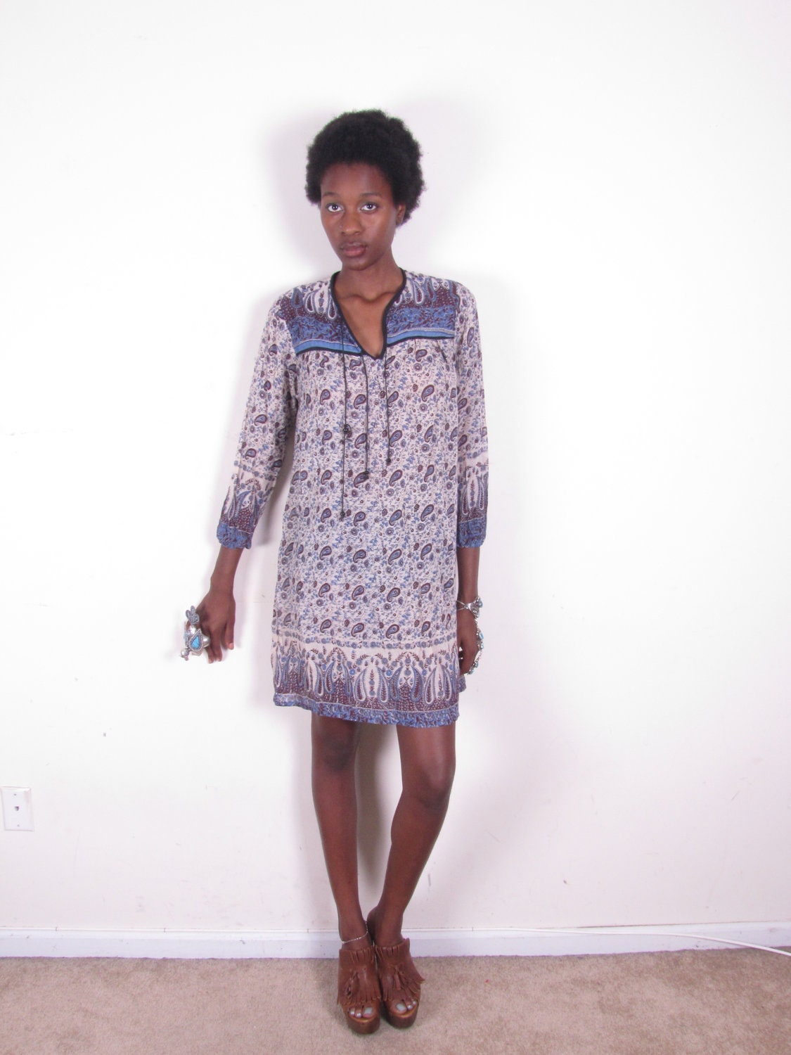 Vintage Hippie India Gauze Paisley Print Sheer Cotton Bohemian Dress