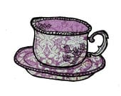 Me Old China - vintage lilac tea cup and saucer. Ink, watercolour & collage illustration print on archival paper