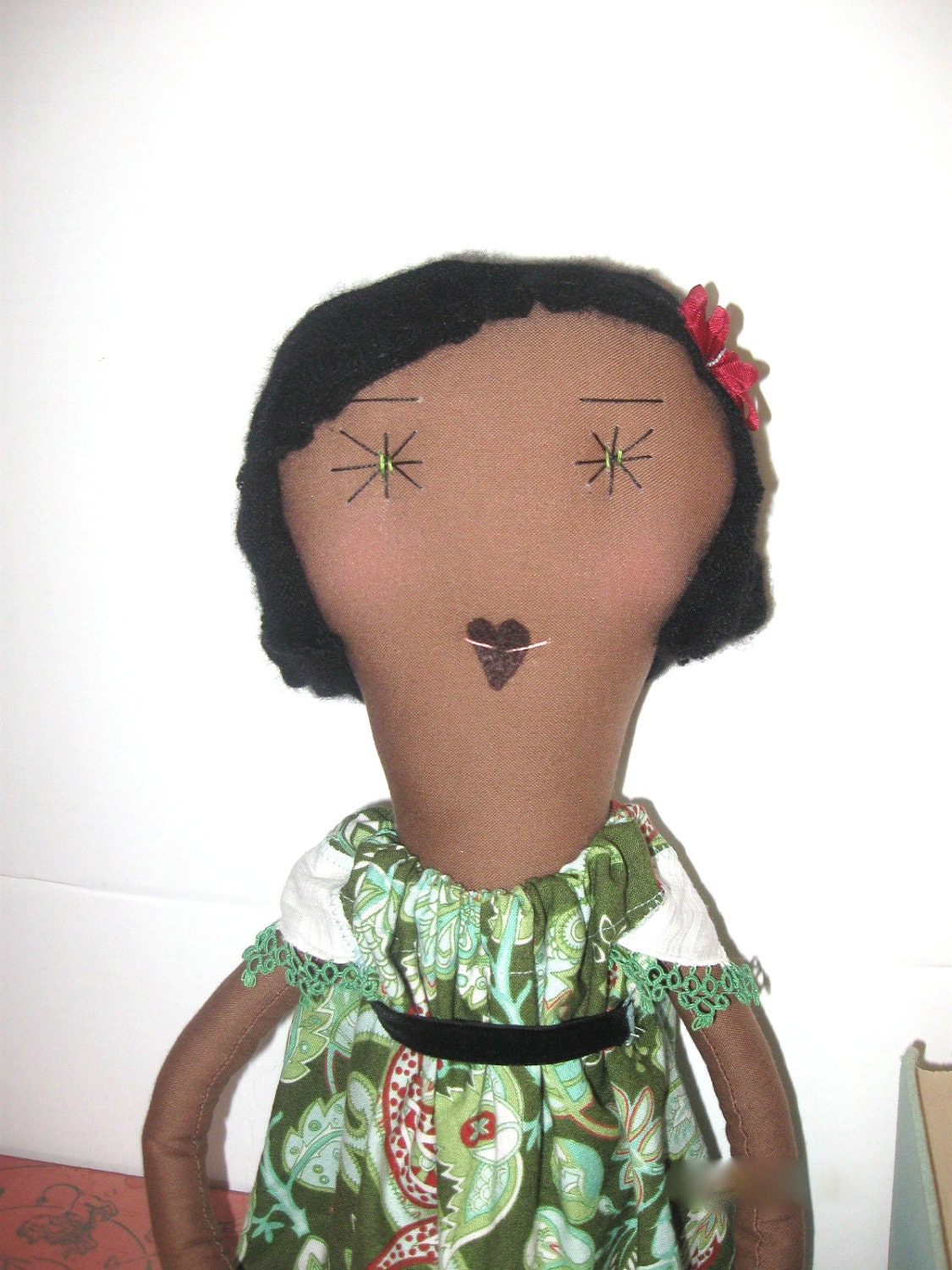 Rosa : Handmade Rag Doll - One of a Kind- 22 Inches - Recycled and Vintage Textiles - Green and Red Paisley Dress