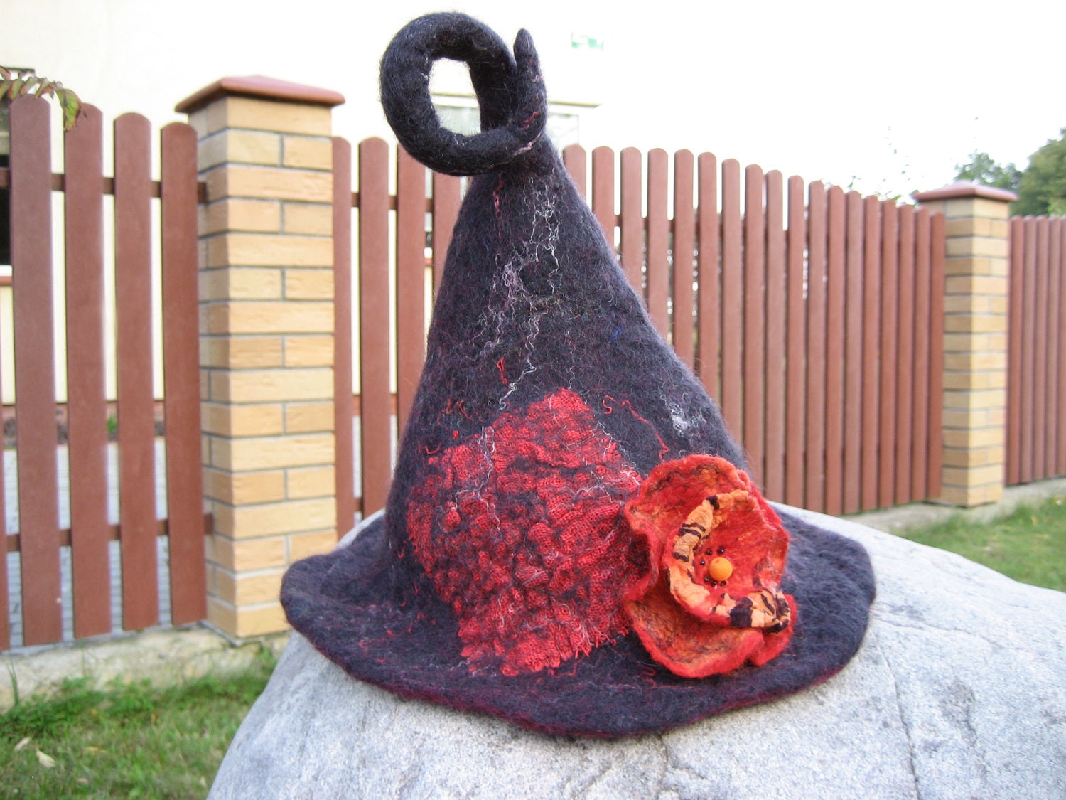 Witch hat black red felted with felt wool flower rose orange brooch, sauna cap, Valentine Halloween