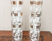 Vintage Drinking Glasses Set White Floral Gold Greek Key Anchor Hocking Shabby Chic