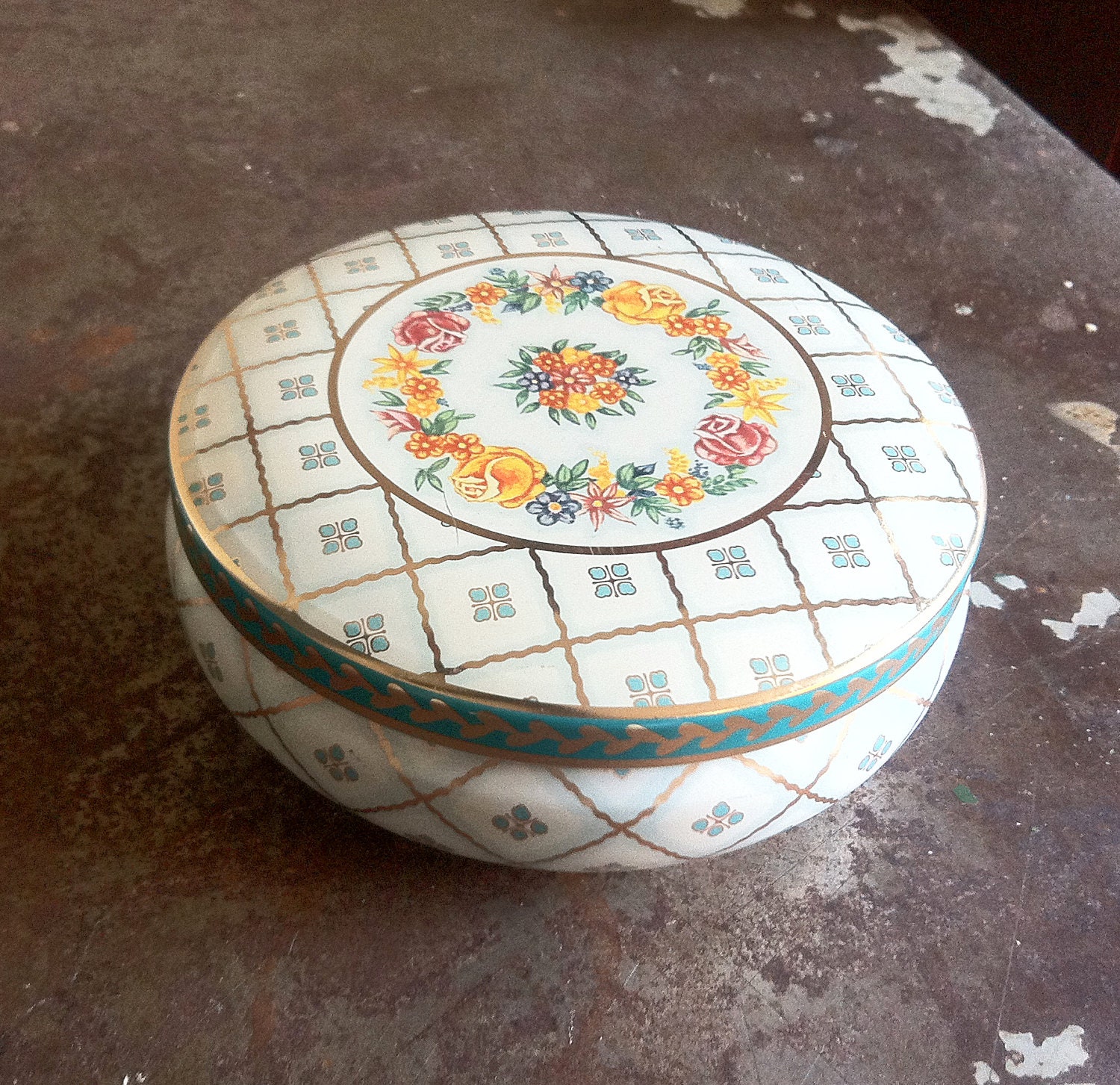 Vintage Tin Trinket Box White, Teal, And Gold