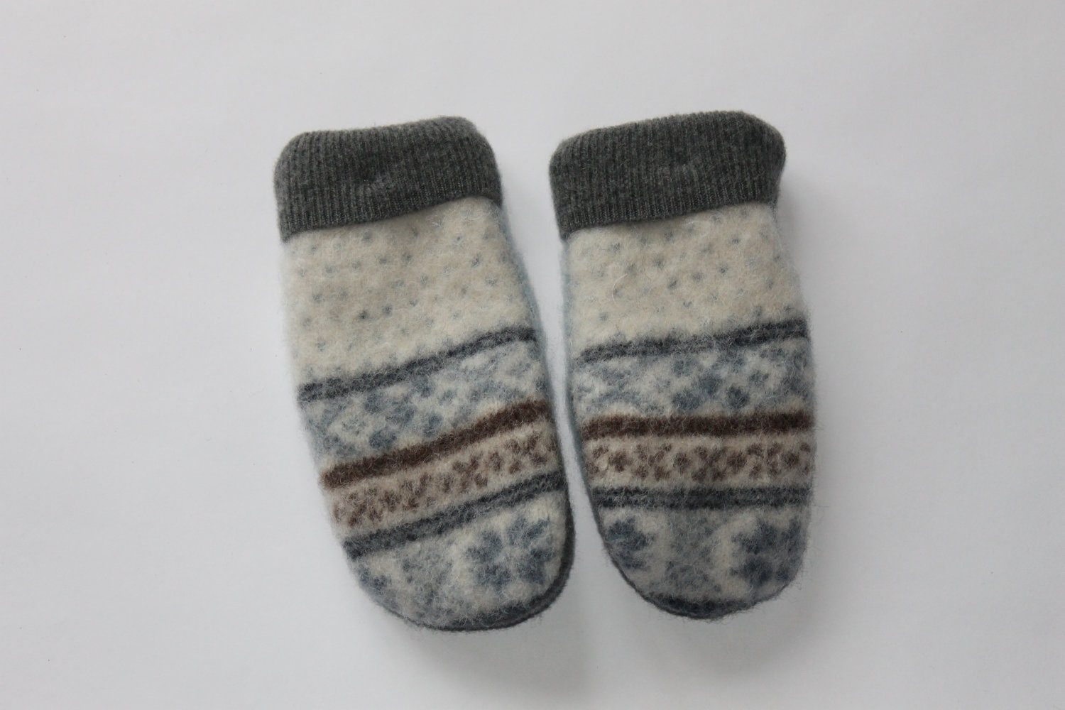 Wool Mittens OOAK - Upcycled Wool - Blue and Cream- Children's Size Large